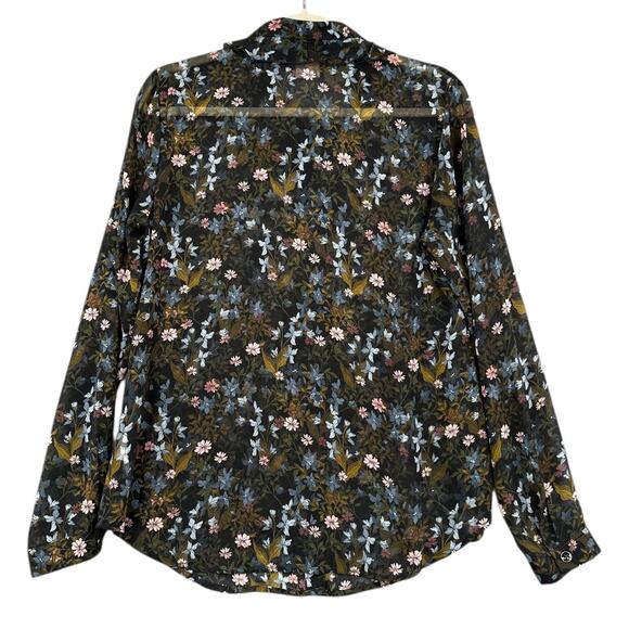 Cabi Floret Sheer Black Long Sleeve Floral‎ Ruffle Collar Button Up Shirt Medium - Picture 2 of 7